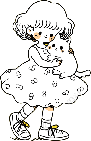 卡通小女孩和白色小猫插画
