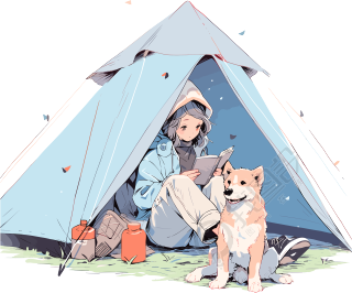 女孩狗狗露营彩色插画设计素材
