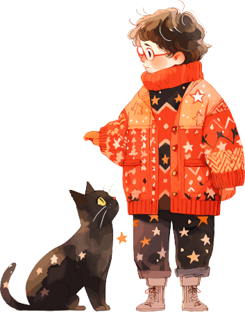 星星毛衣男孩和猫素材