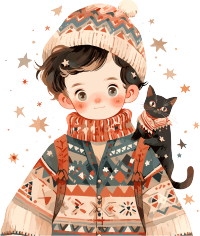 男孩和猫高清PNG插画设计