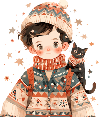 男孩和猫高清PNG插画设计