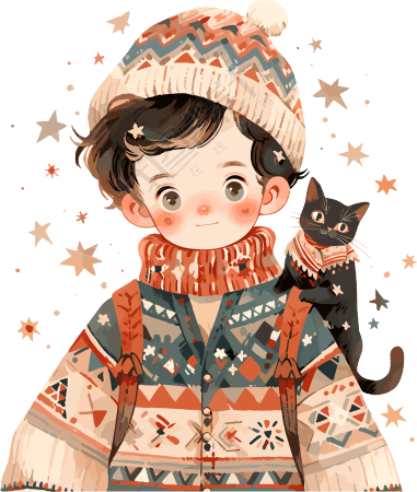 男孩和猫高清PNG插画设计