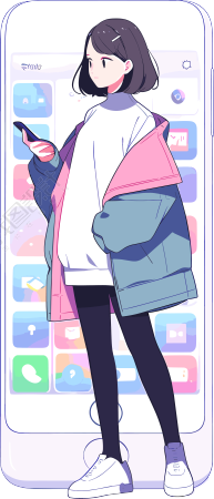 手机购物女孩高清插画设计素材PNG