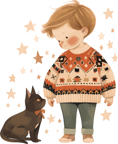 男孩和猫星星插画