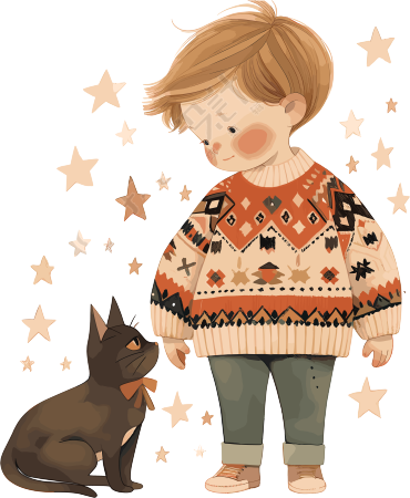 男孩和猫星星插画