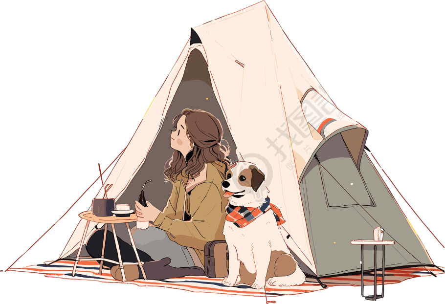 女孩狗狗露营设计素材