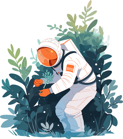 宇航员和植物明亮清爽2D图形插画