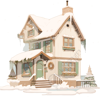 雪地小屋2D平面商业插画