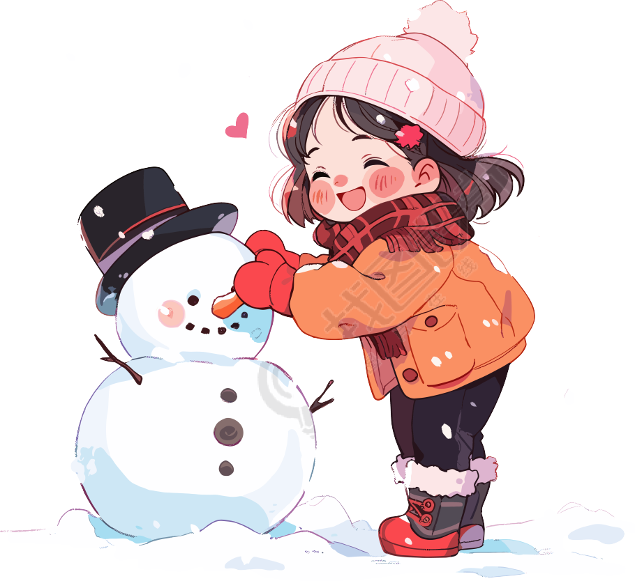 堆雪人的小女孩开心素材