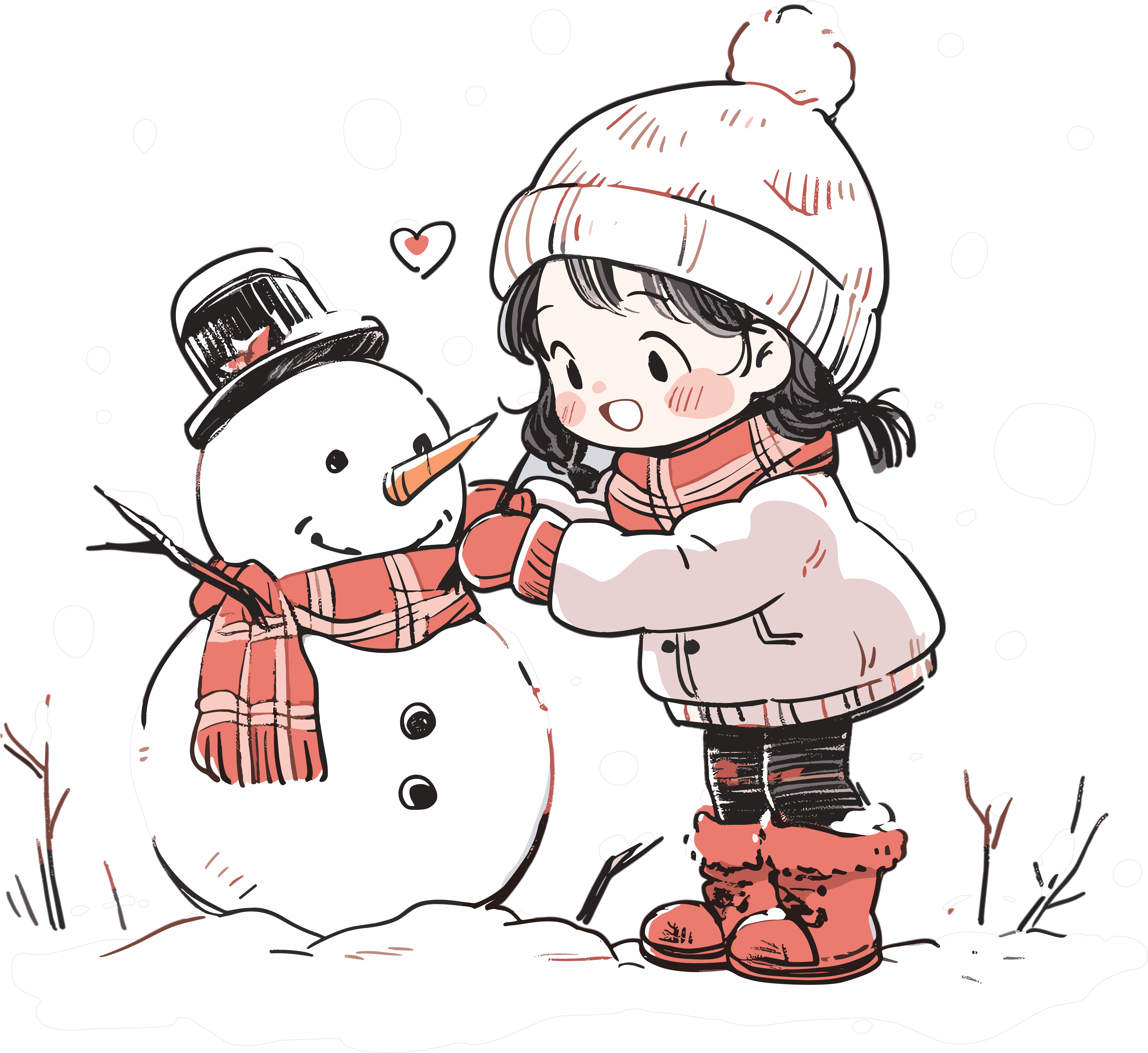 堆雪人的小女孩透明背景素材