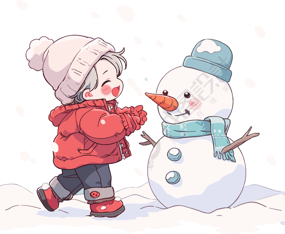 堆雪人的小男孩冬季服装插画