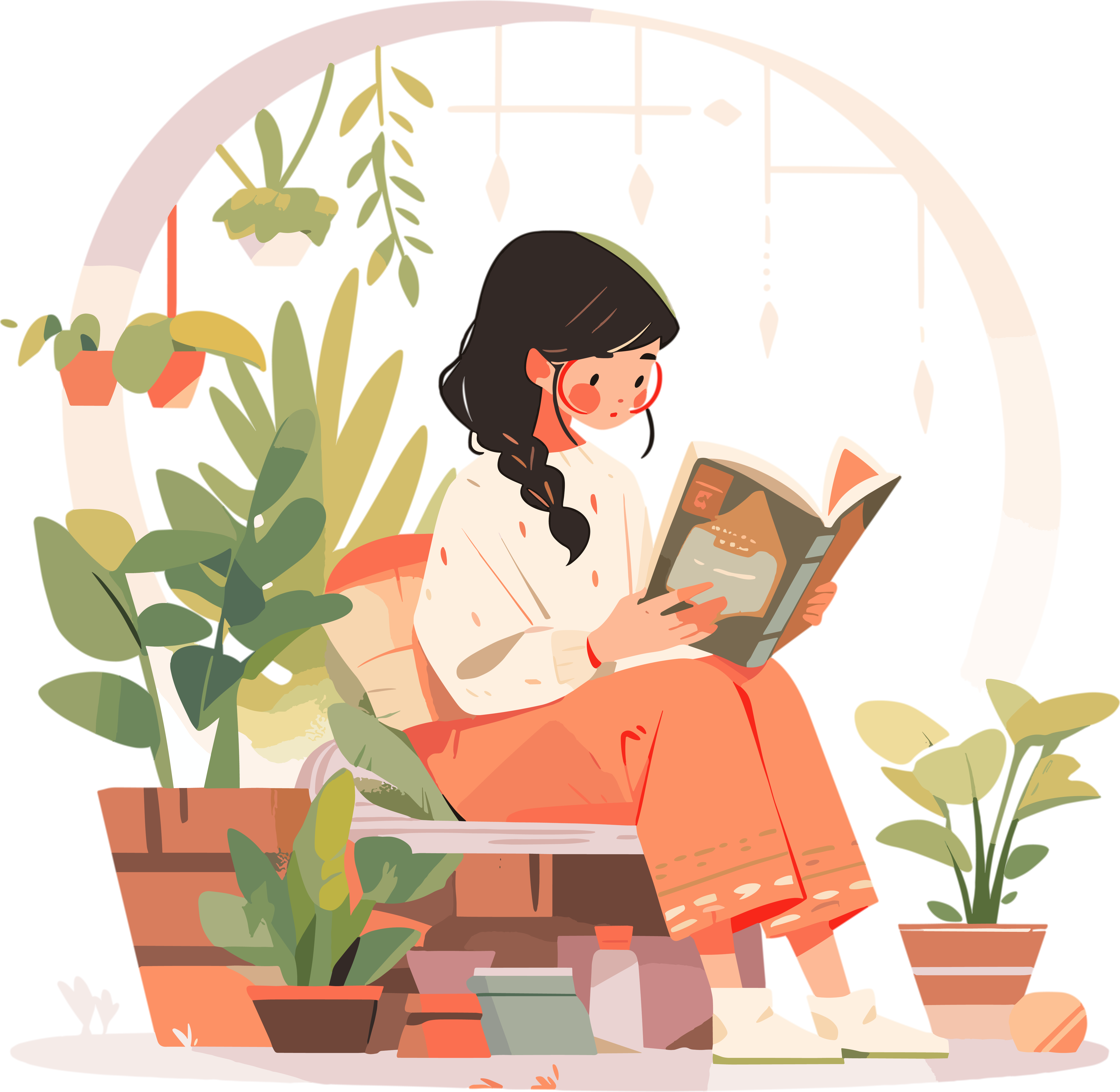 阅读女孩2D平面商业插图