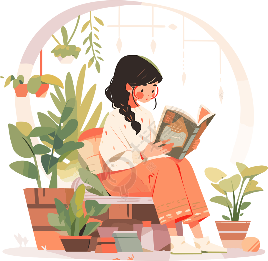 阅读女孩2D平面商业插图