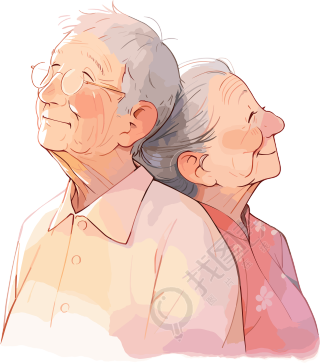 亚洲老夫妇简约插画