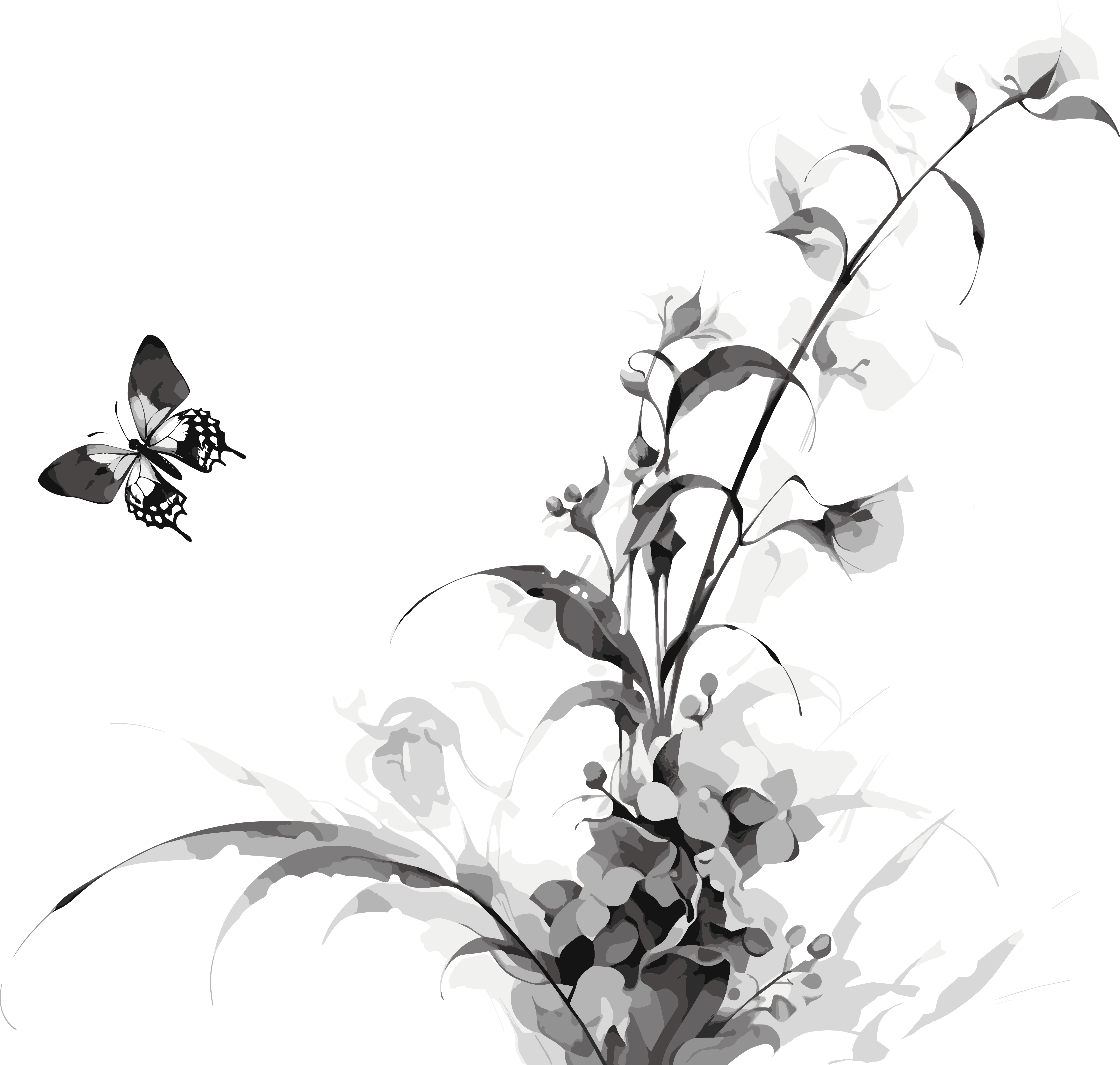 兰花蝴蝶水墨创意插画