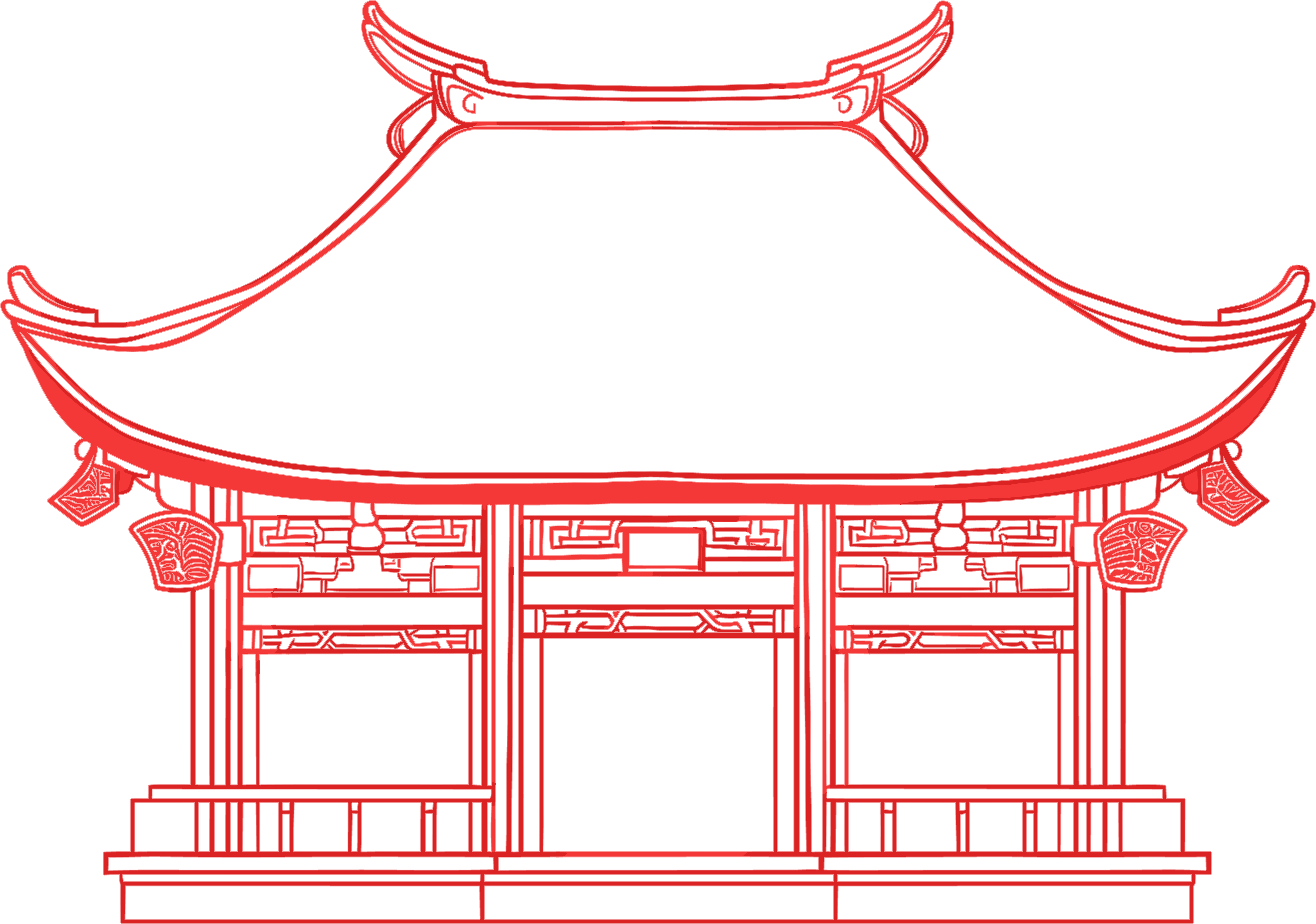 国风阁楼红色线描素材