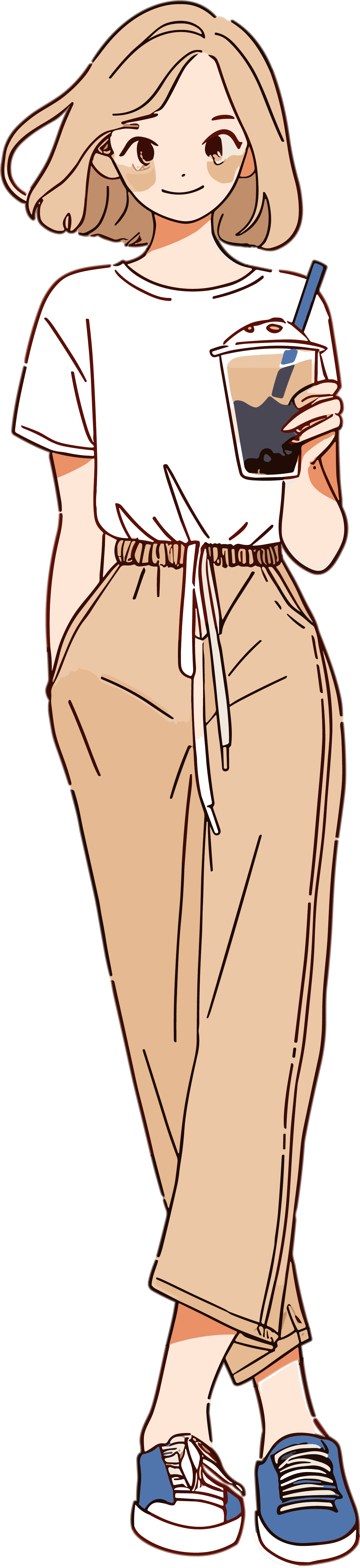 喝奶茶的女生插画