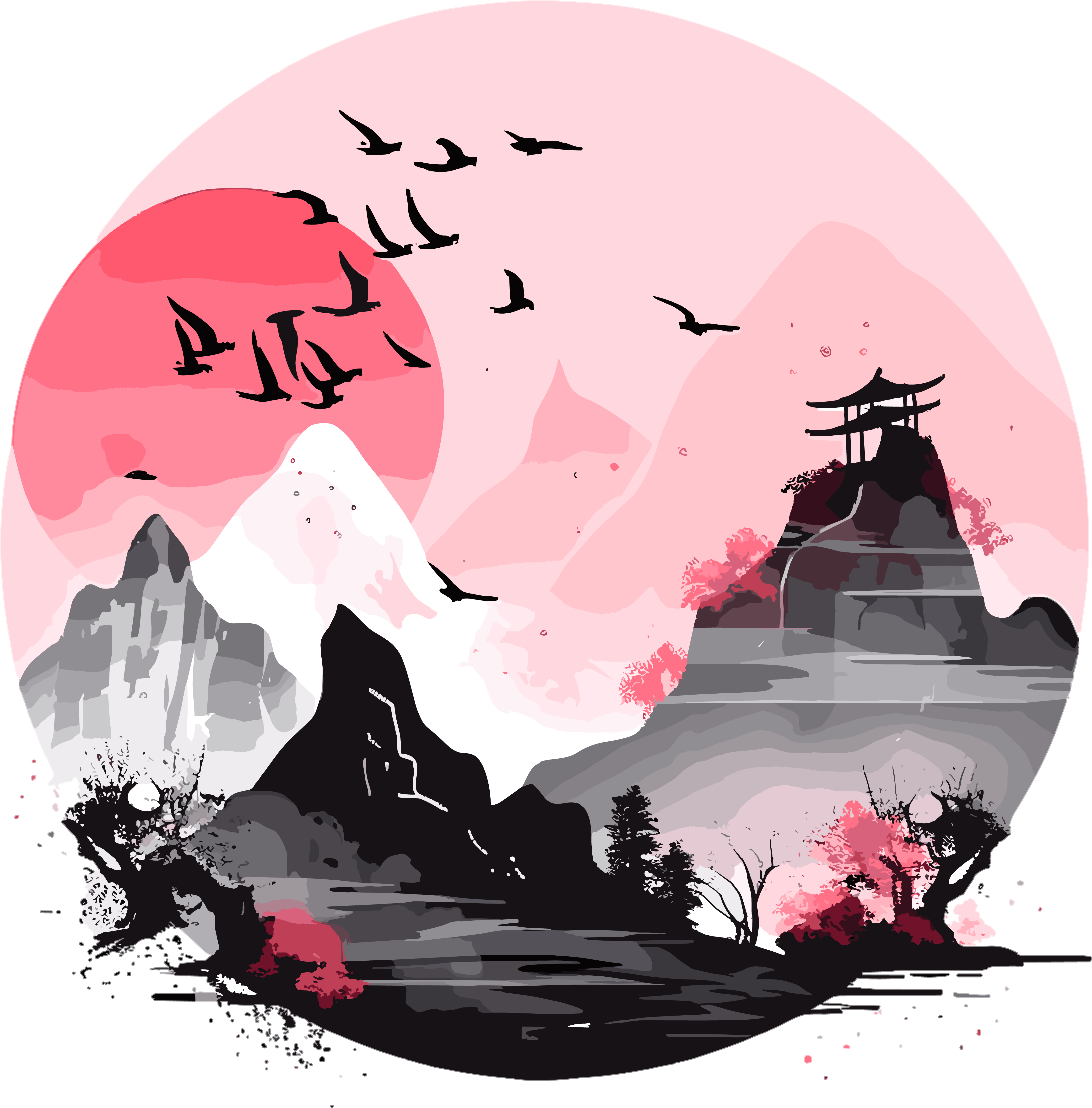 国潮风远山透明背景素材