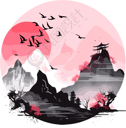国潮风远山透明背景素材