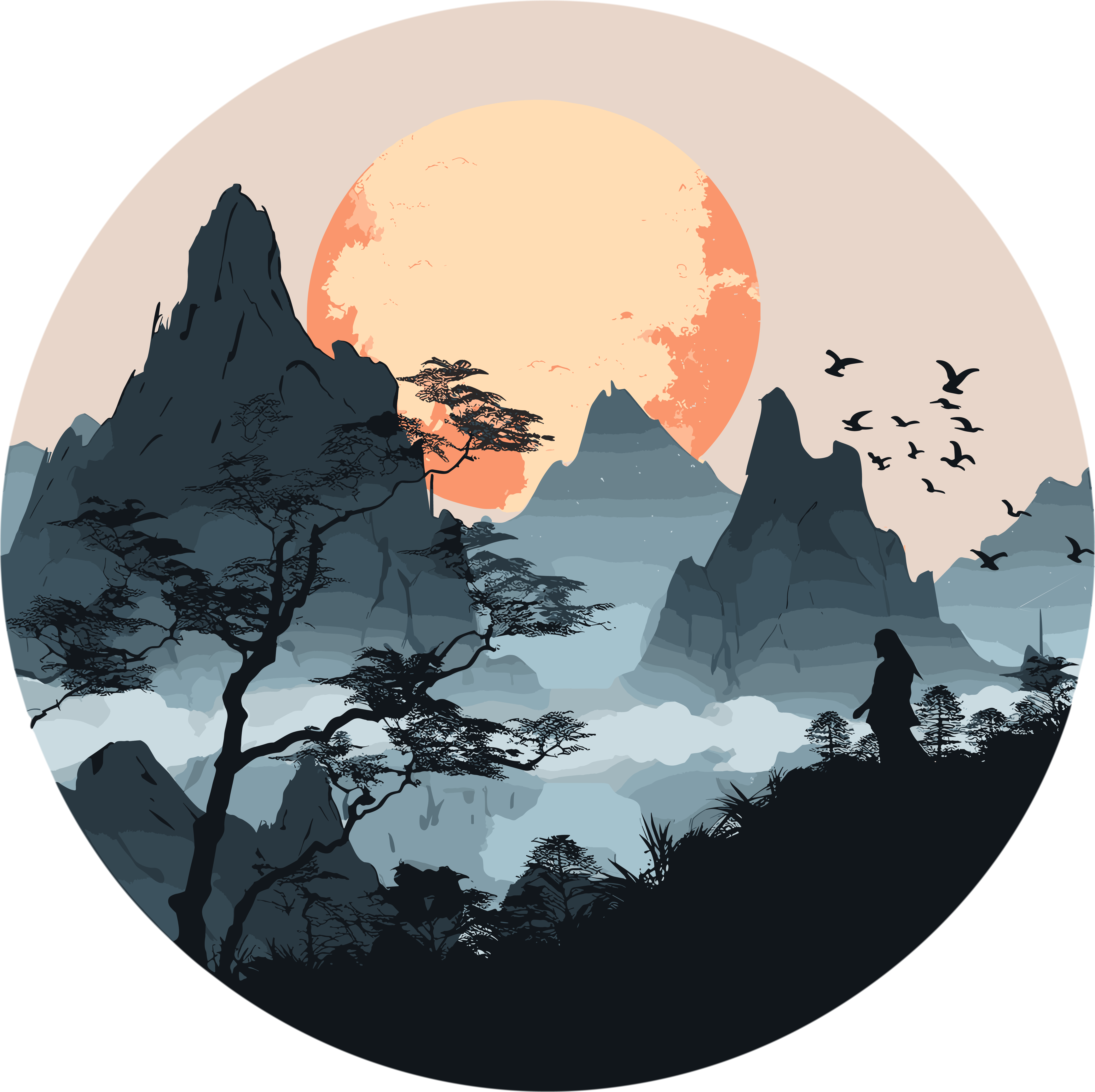 国潮风远山透明背景插画