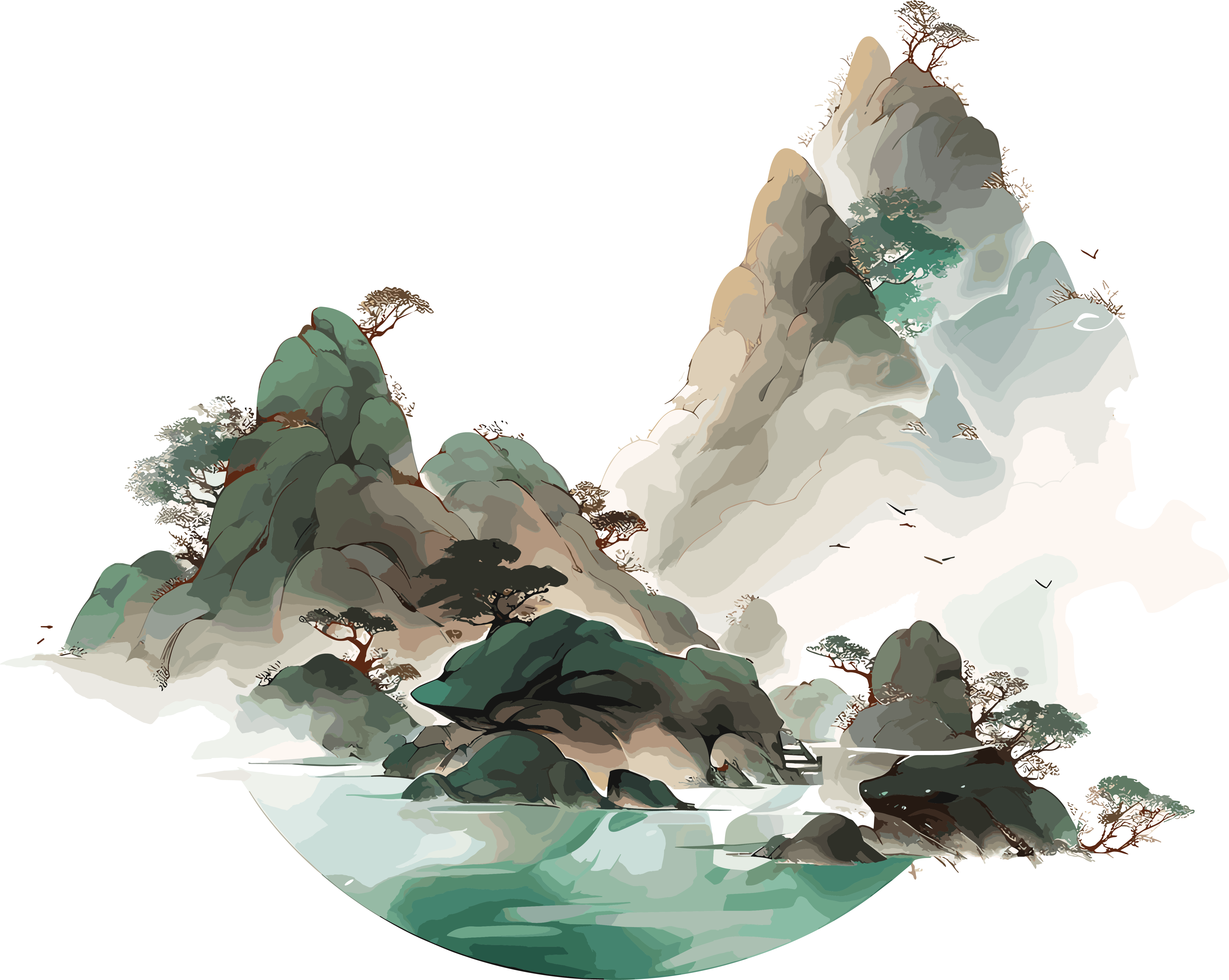 镀金国潮风山脉图形插画