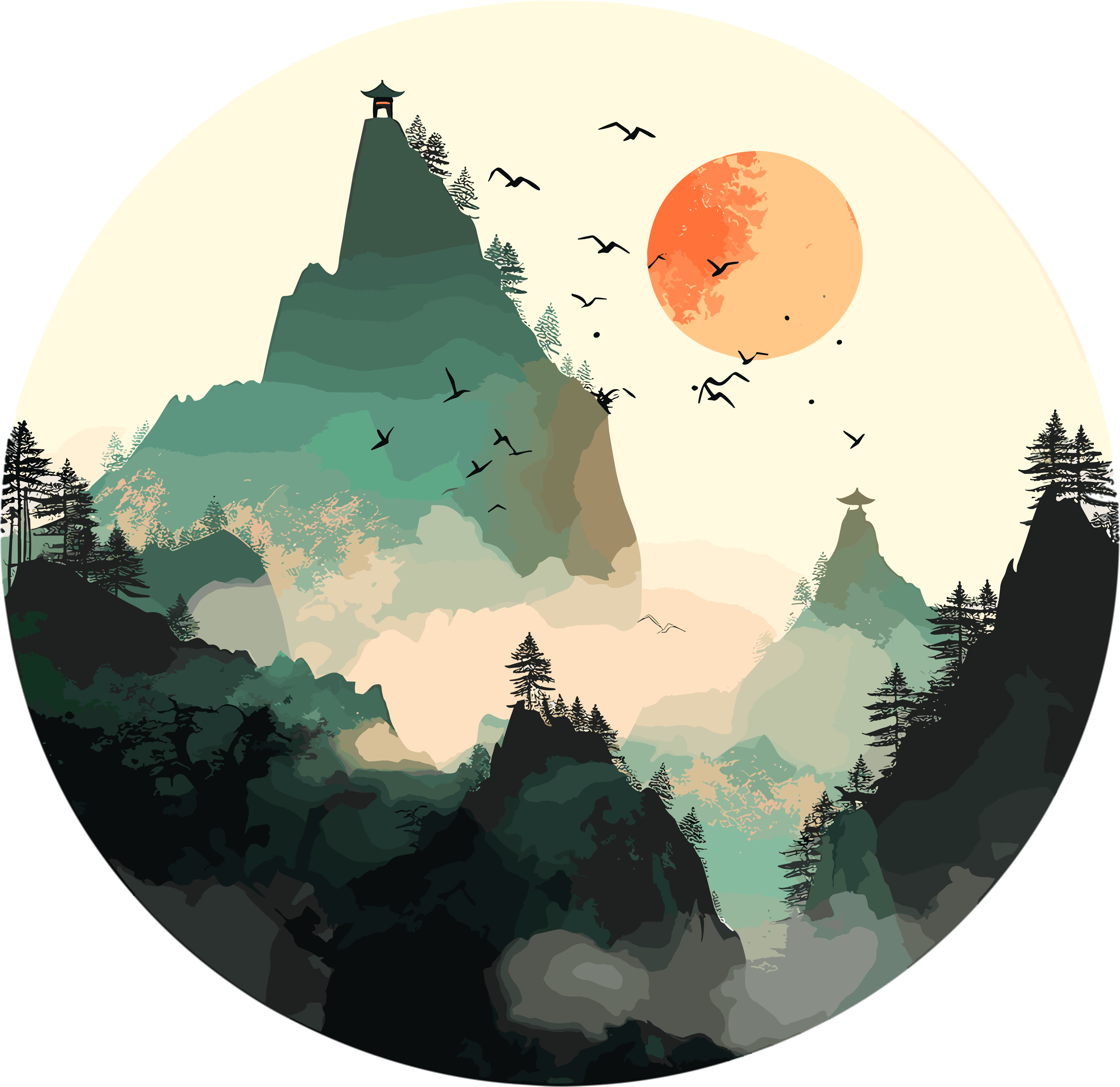 国潮风远山平面插画素材