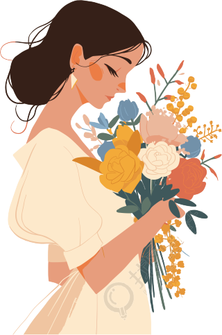 抱着花的女生插图