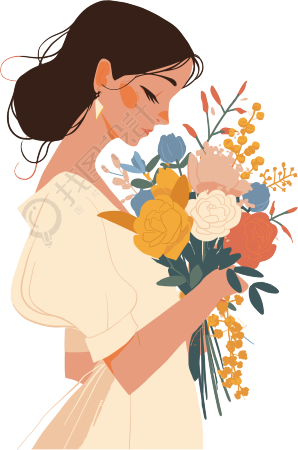抱着花的女生插图