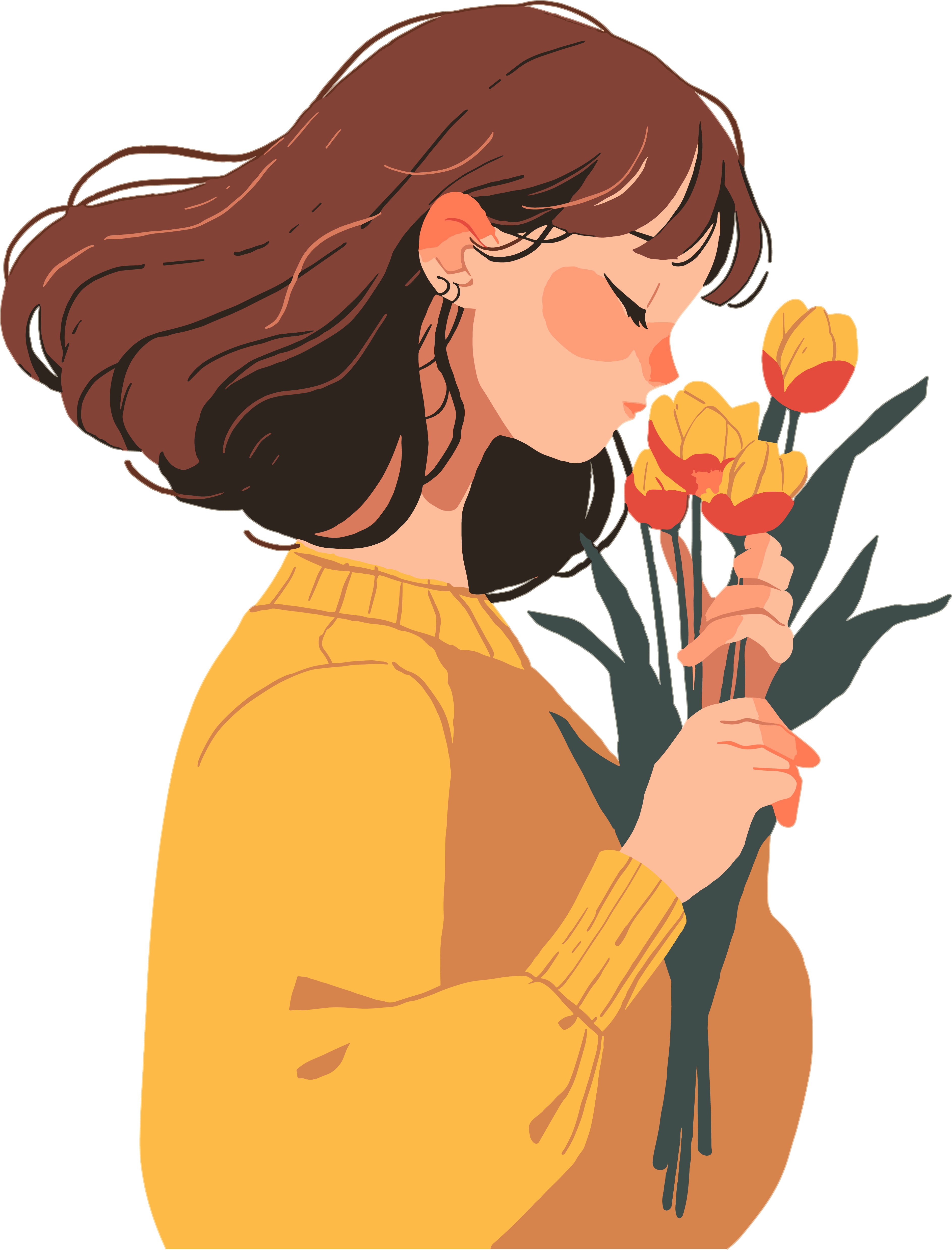 抱着花的女生插画