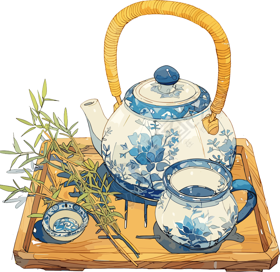 清茶蓝白色茶杯素材