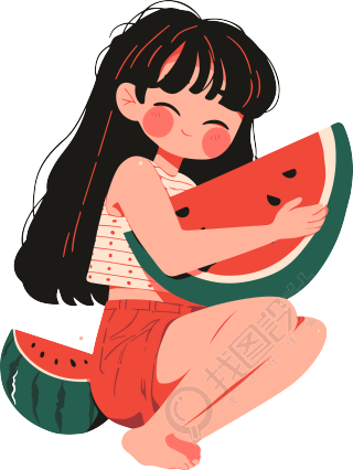 女孩吃西瓜简约插图