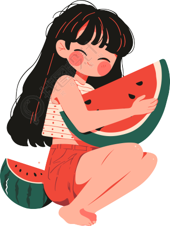 女孩吃西瓜简约插图