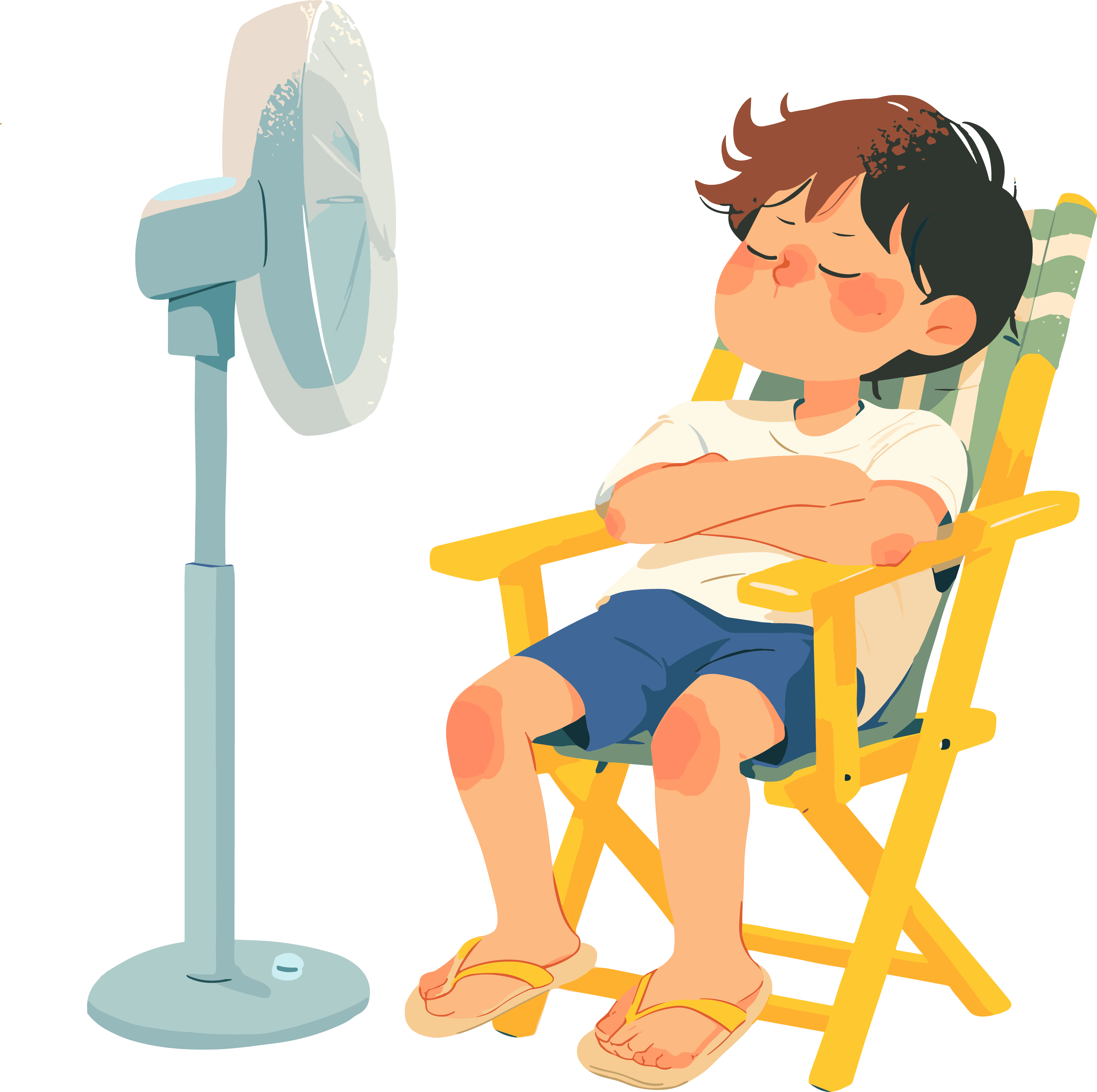 夏日吹风扇的男孩插画