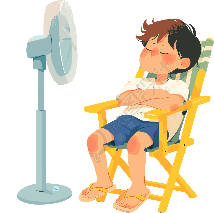 夏日吹风扇的男孩插画