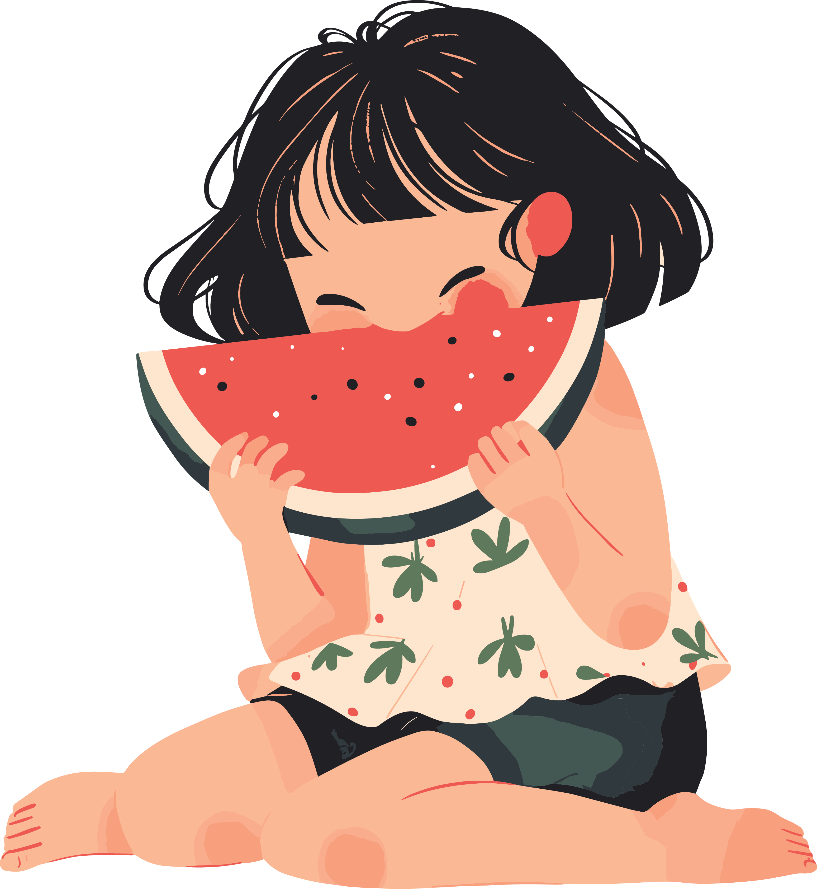 女孩吃西瓜可爱插画