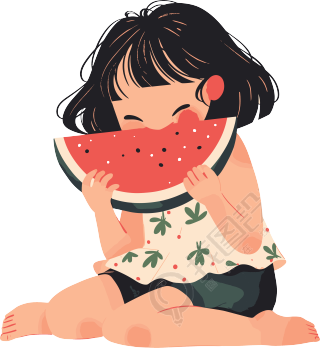 女孩吃西瓜可爱插画