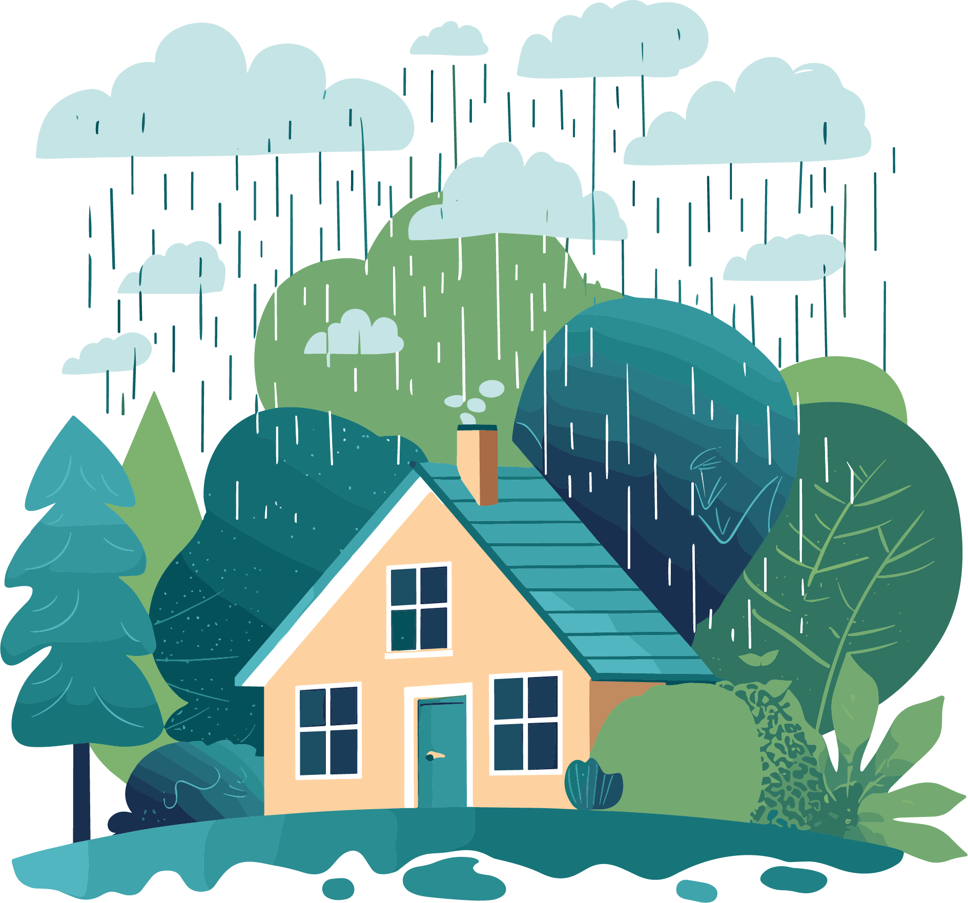暴雨房子创意插画
