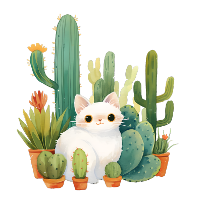 小猫仙人掌儿童水彩元素