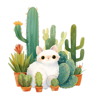 小猫仙人掌儿童水彩元素