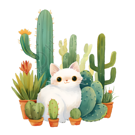 小猫仙人掌儿童水彩元素