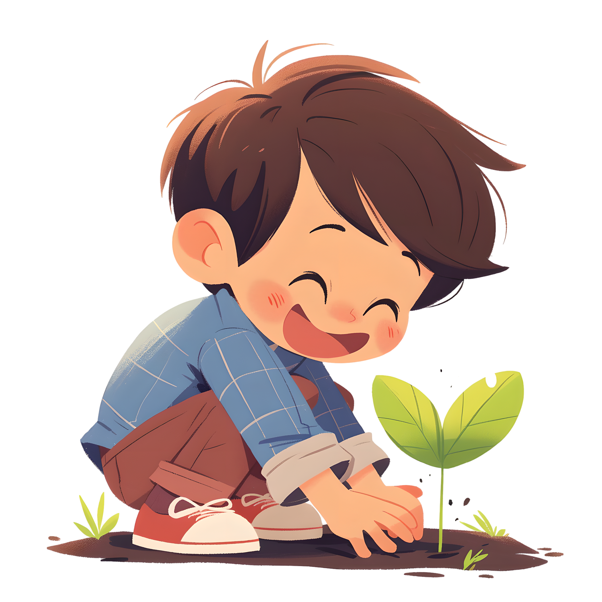 小男孩种树插画