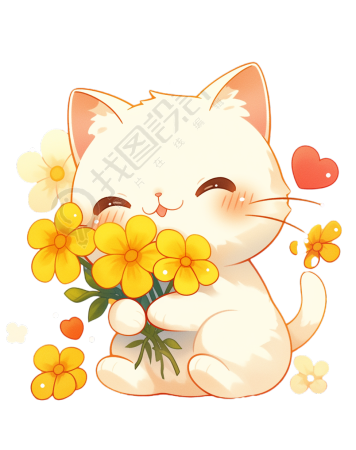 猫咪鲜花透明背景素材