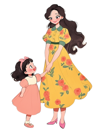 母亲和女儿手绘插画