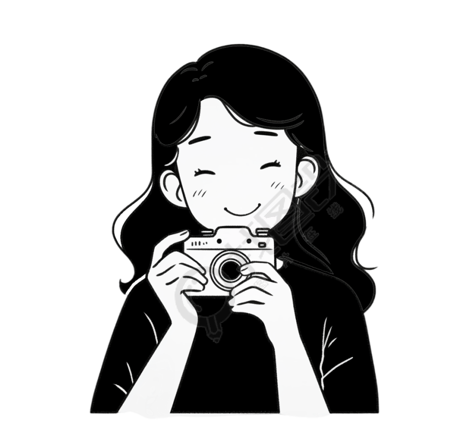 女生拍照黑白线条插画