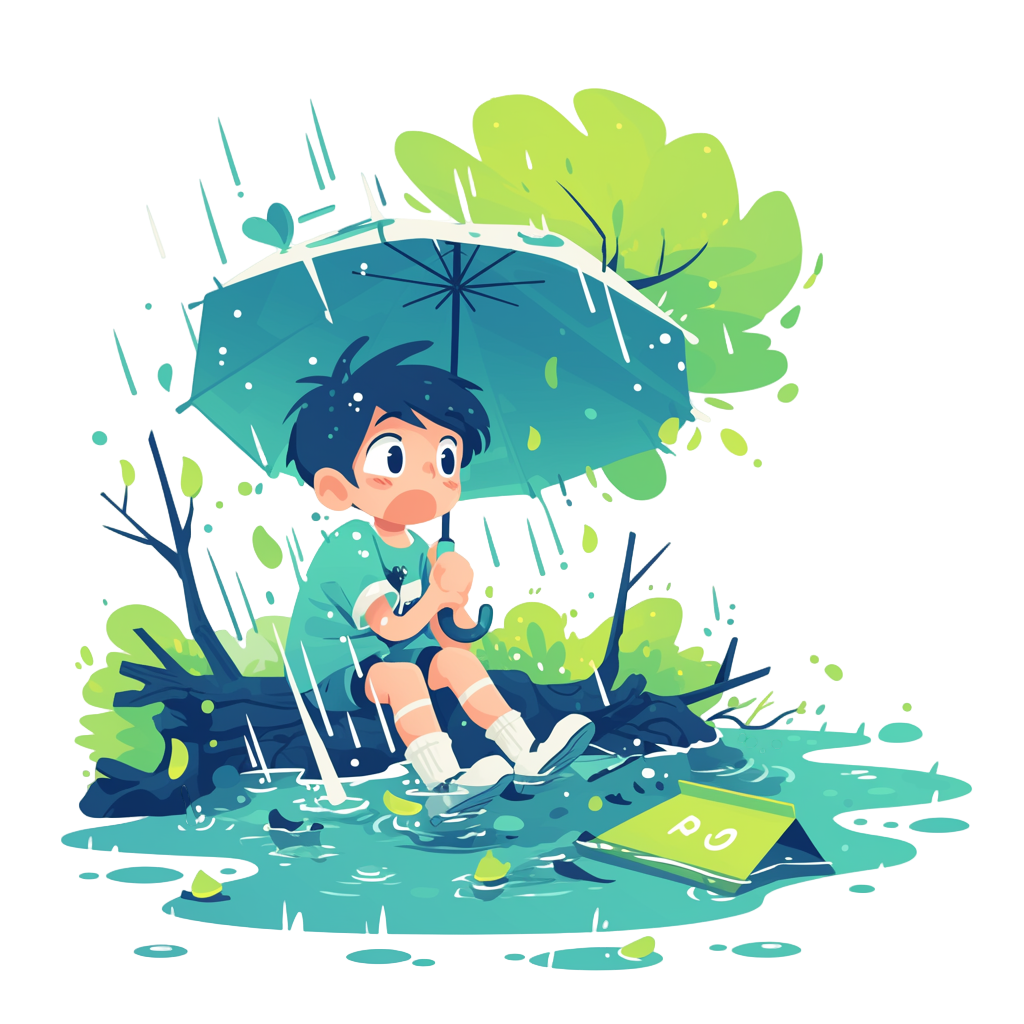 小男孩暴雨中撑伞素材