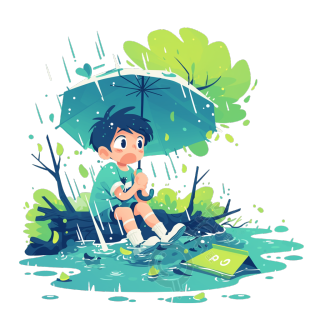 小男孩暴雨中撑伞素材