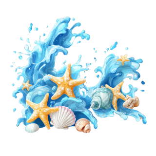 蓝色水花海洋生物插画