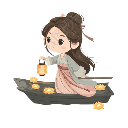 少女放河灯插画
