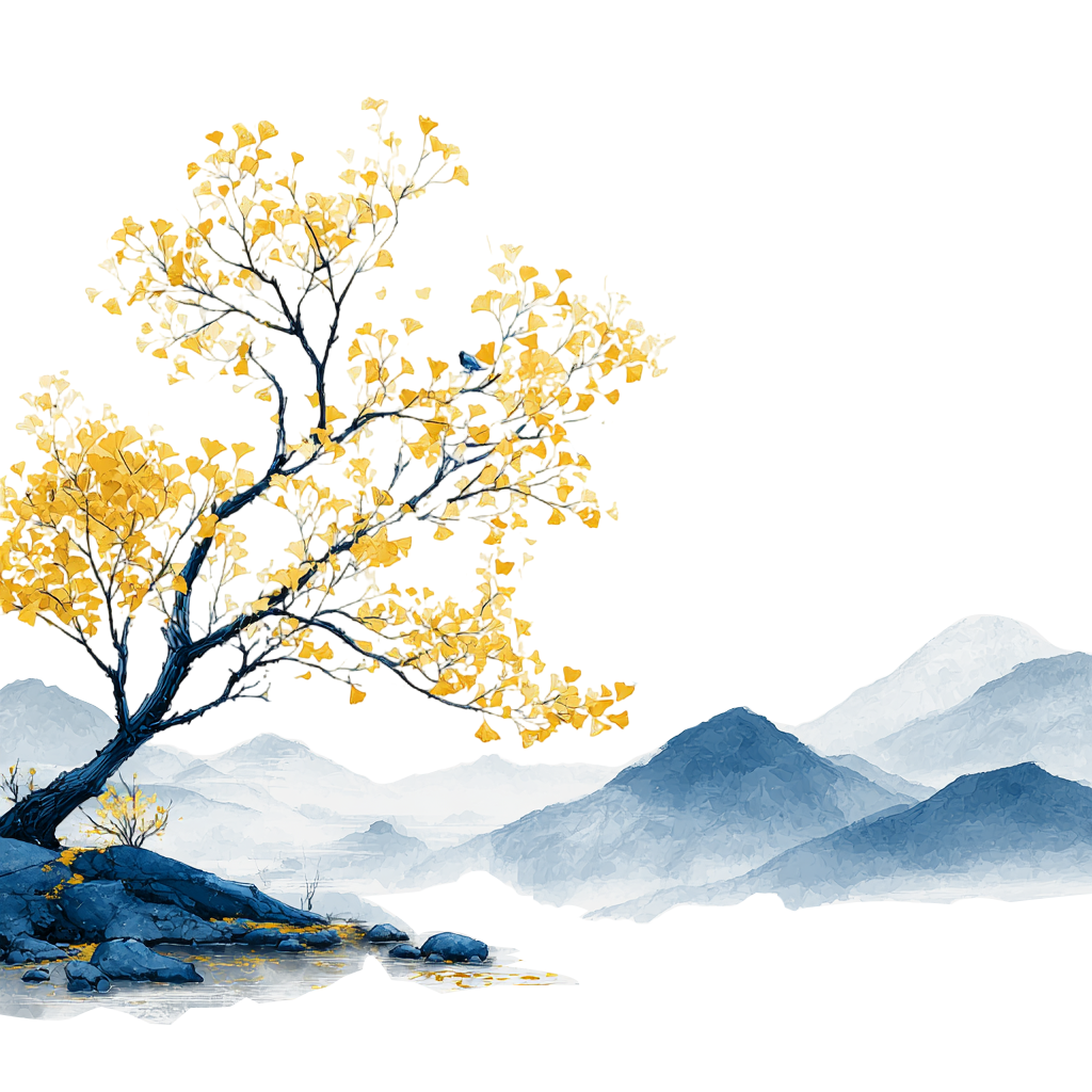 水墨风远山大树霜降素材
