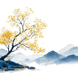 水墨风远山大树霜降素材